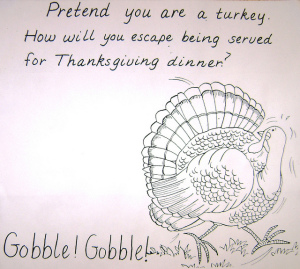 drawing of a turkey running away from Thanksgiving